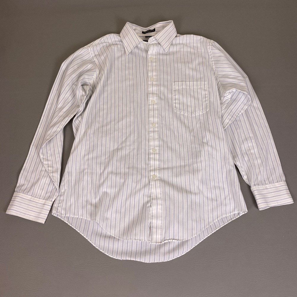Van Heusen Button Up Dress Shirt Men's Size 16-34 Pinstripe White Blue *Flaw*